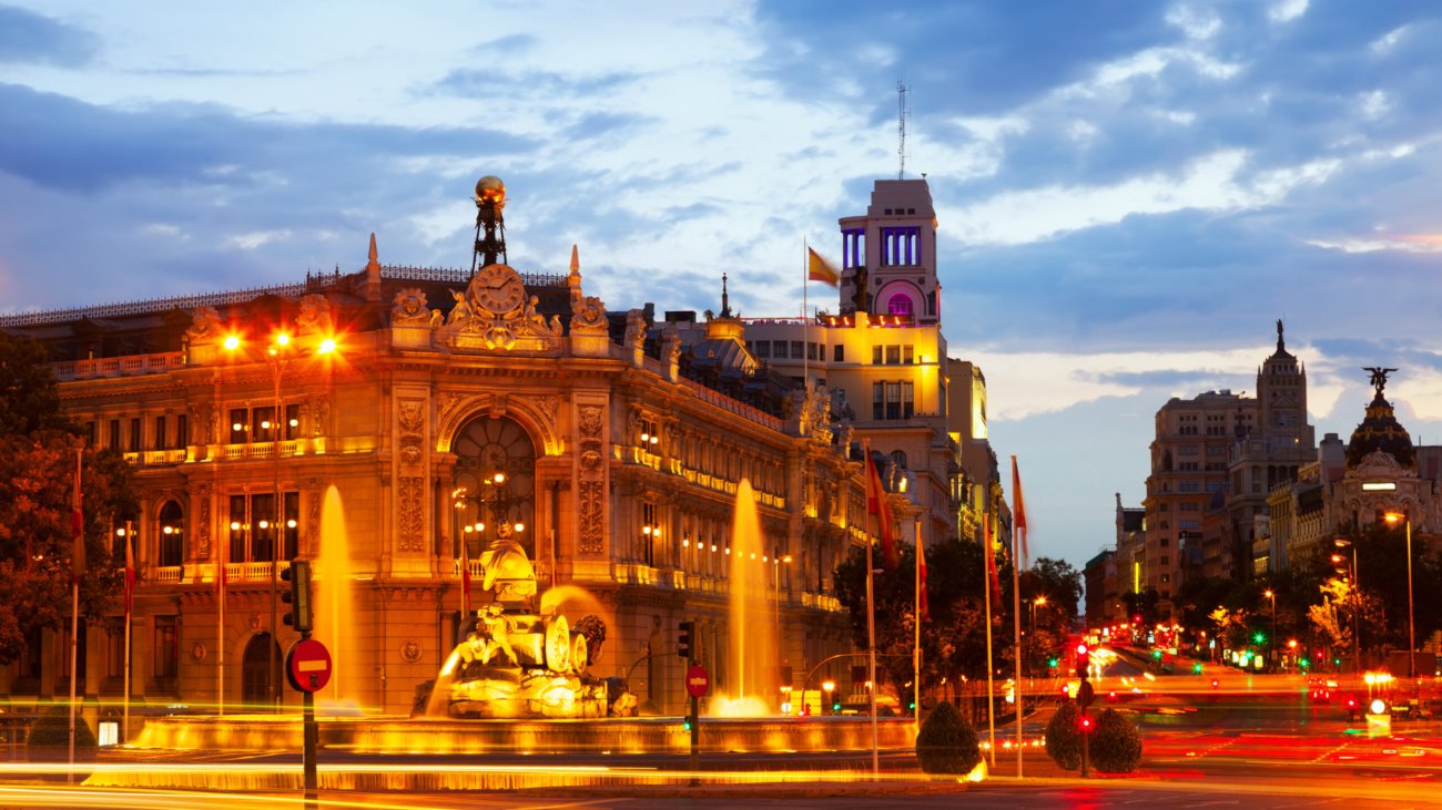 Plaza de Cibeles in summer dusk. Madrid, Spain